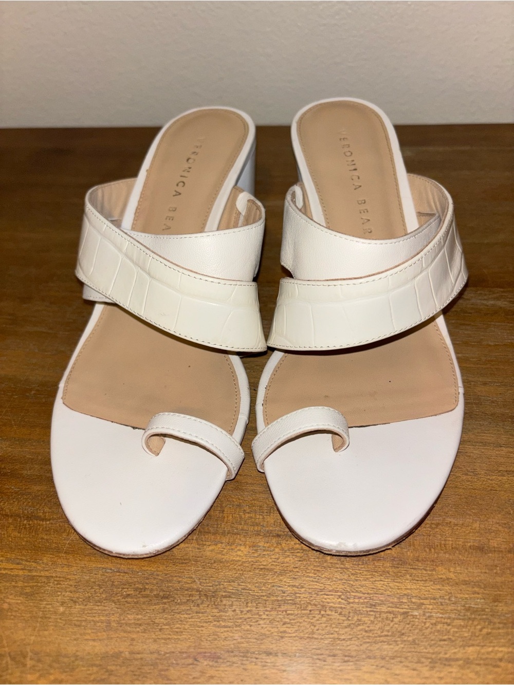 Veronica Beard Cream Croc-Embossed Leather Slide Mules